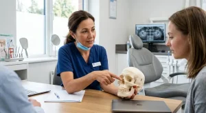 Dentista explicando el diagnóstico de la articulación temporomandibular (ATM) a un paciente utilizando un modelo anatómico físico